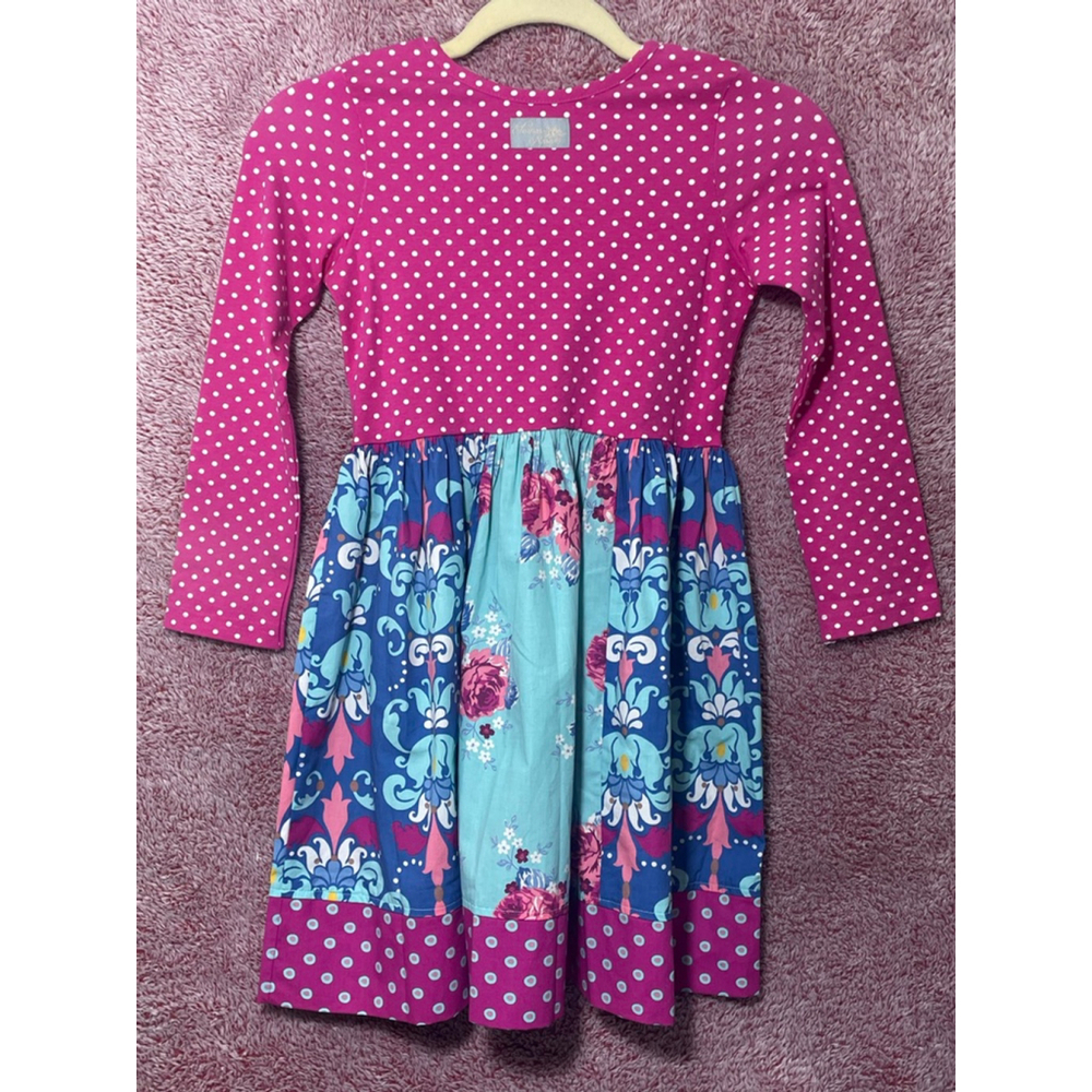 Girls Eleanor Rose Casual Dress Size 7 Pink Blue Floral Polka Dot - Picture 5 of 7